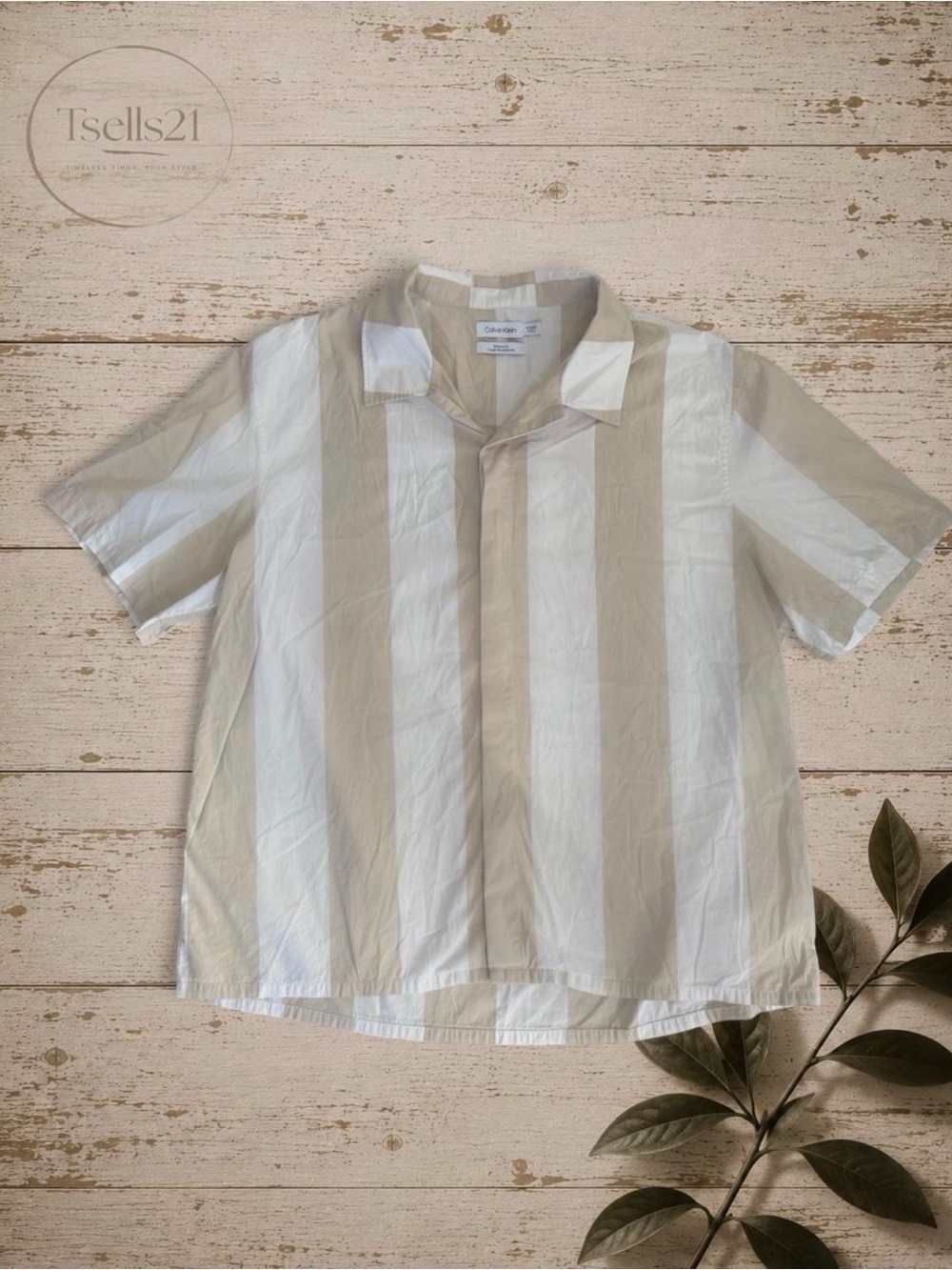 Calvin Klein Tan Striped Short Sleeve Camp Shirt - Size XL